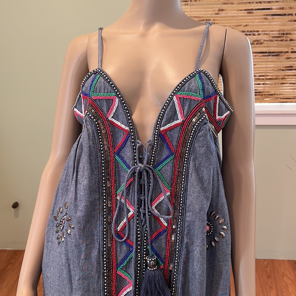 Venus Gray Denim Embellished Beaded Maxi Dress Size L - Picture 3 of 10